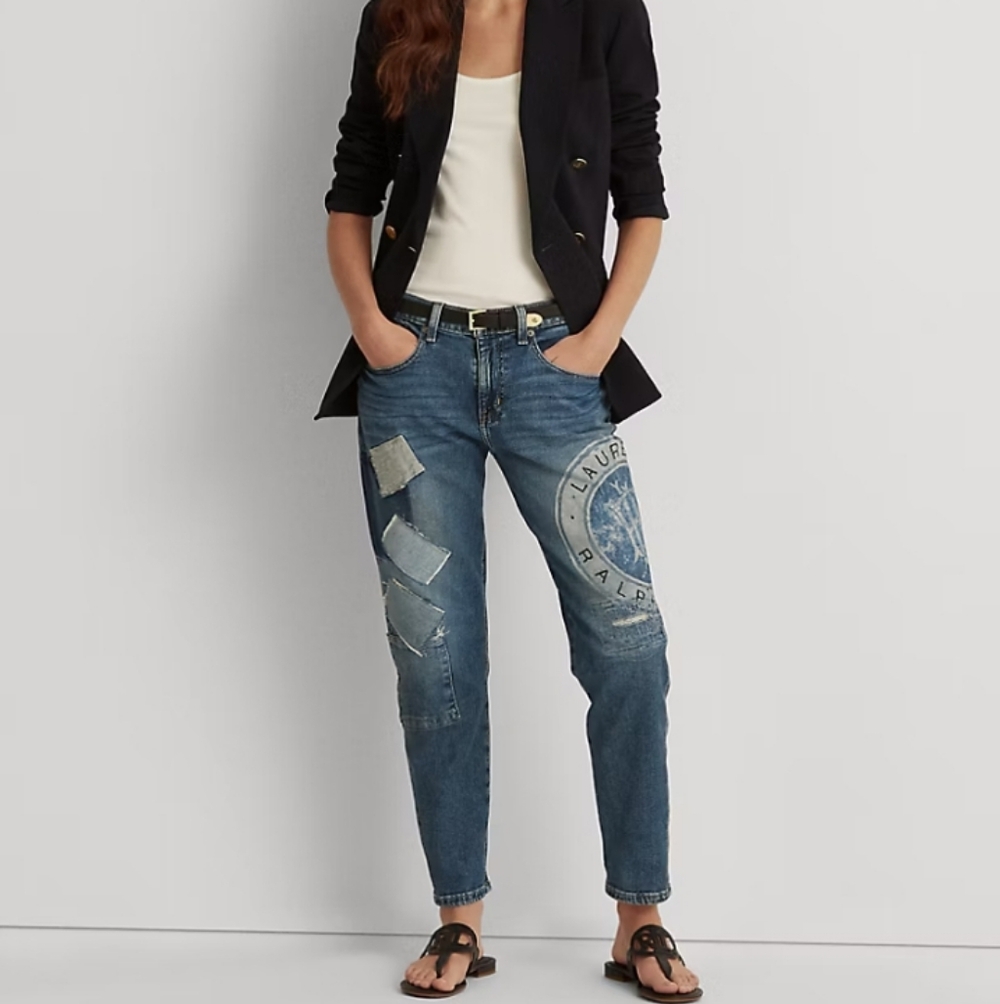 Lauren Ralph Lauren Patchwork Large Logo Relaxed Tapered Ankle Jean